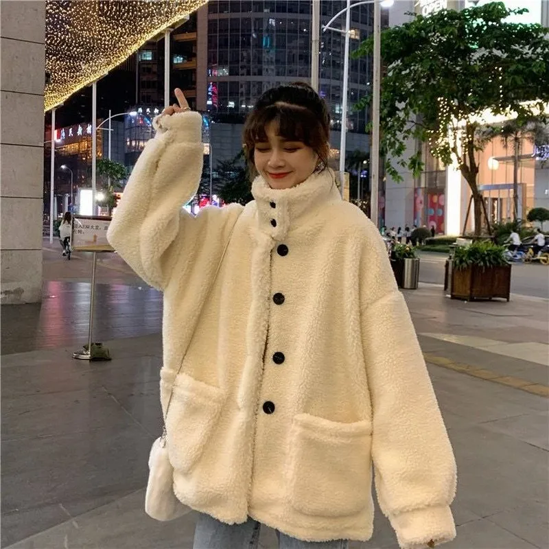 

Lambs coat women's new single row black button Mock Neck granular warm woolen coat in autumn and winter 2020 coat women