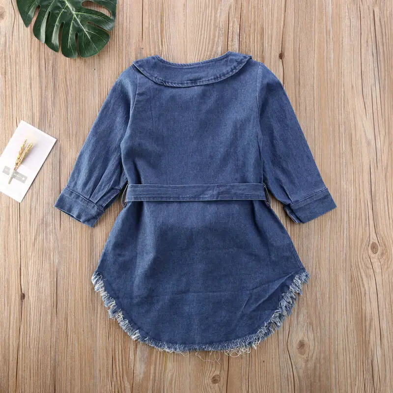 New Kids Blue Pearl Bowknot Denim Jeans Baby Girl Long Sleeve T-Shirt Girls Dress Kid Coat Toddler Clothes | Детская одежда и