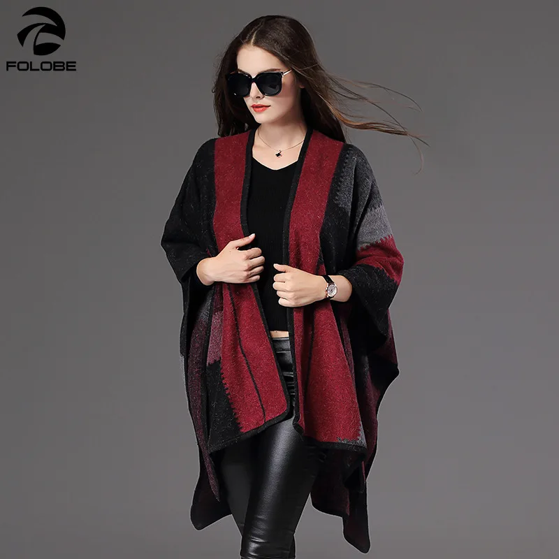 

Women Faux Cashmere Loose Plaid Pashmina Autumn Winter Knitted New Cardigan Fashion Back Long Shawl Oversize Cape