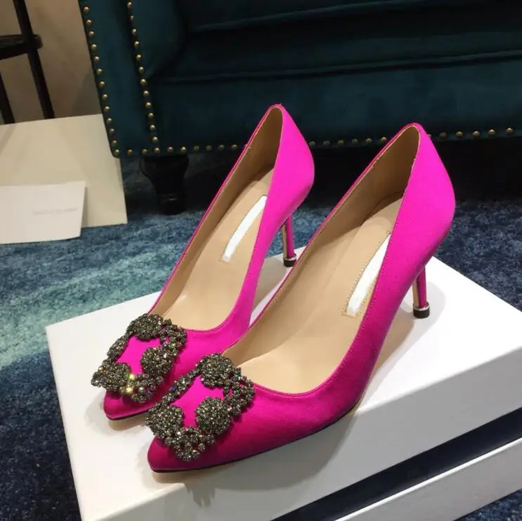 

2021 Brand MB Pumps Women High Heel Shoes 8 10 12cm Spring Pointed Rhinestone Square Buckle Satin Women's Wedding Shoes 35-42