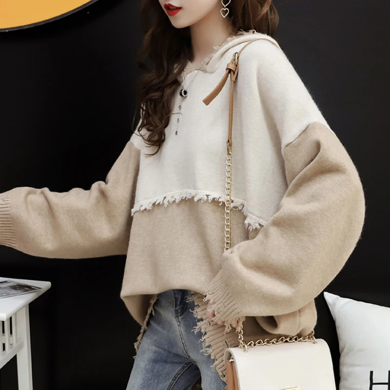 

Autumn Winter 2020 Women Blue/Khaki Tassel Patchwork Knitted Pullover Elegant Loose Hooded Sweater New Fashion Female Outerwear