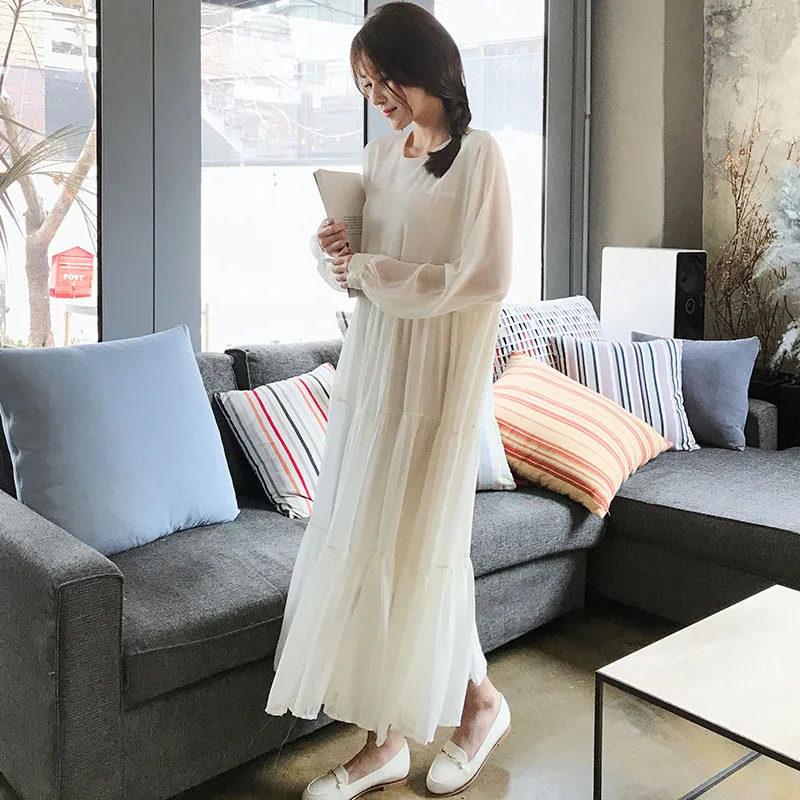 

Piooni Spring/Summer Mid-Length Super Fairy Chiffon Pleated Bottoming Dress for Women Loose Inner Wear Long Sleeve Skirt