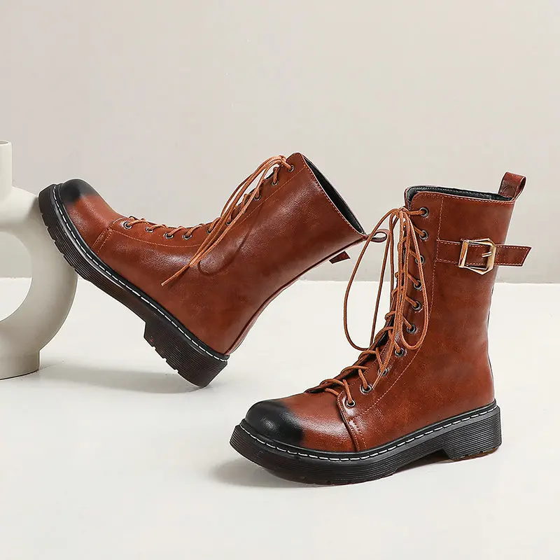 

2021 New Square Heel Women Shoes Autumn Winter Lace Up Zipper Women Shoes PU Leather Casual Round Toe Ankle Boots Size 34-43