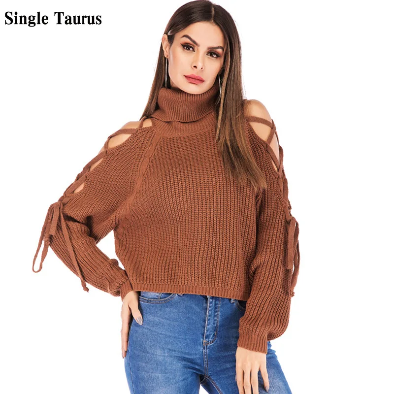 

Bandage Batwing Sleeve Hollow Out Turtleneck Knitted Sweaters Criss Cross Fall Winter Sexy Casual Streetwear Strapless Top Women
