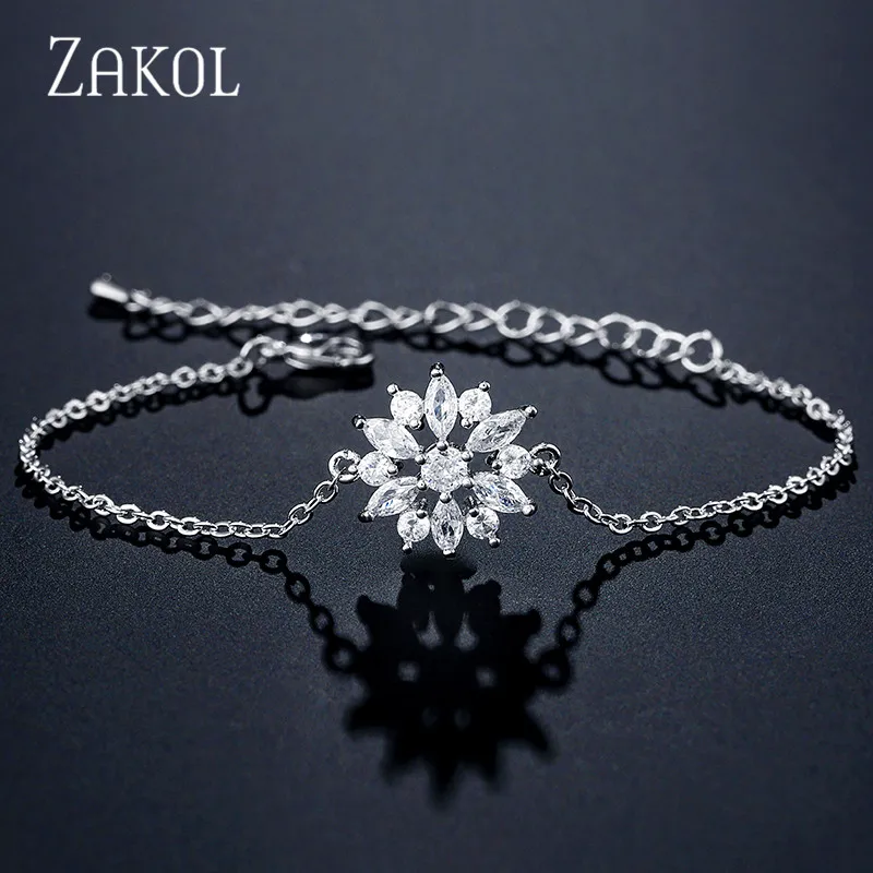 Модные браслеты ZAKOL из розового золота с цветком, браслеты с прозрачными кристаллами циркония, браслеты для женщин, ювелирные изделия Brincos FSBP2155