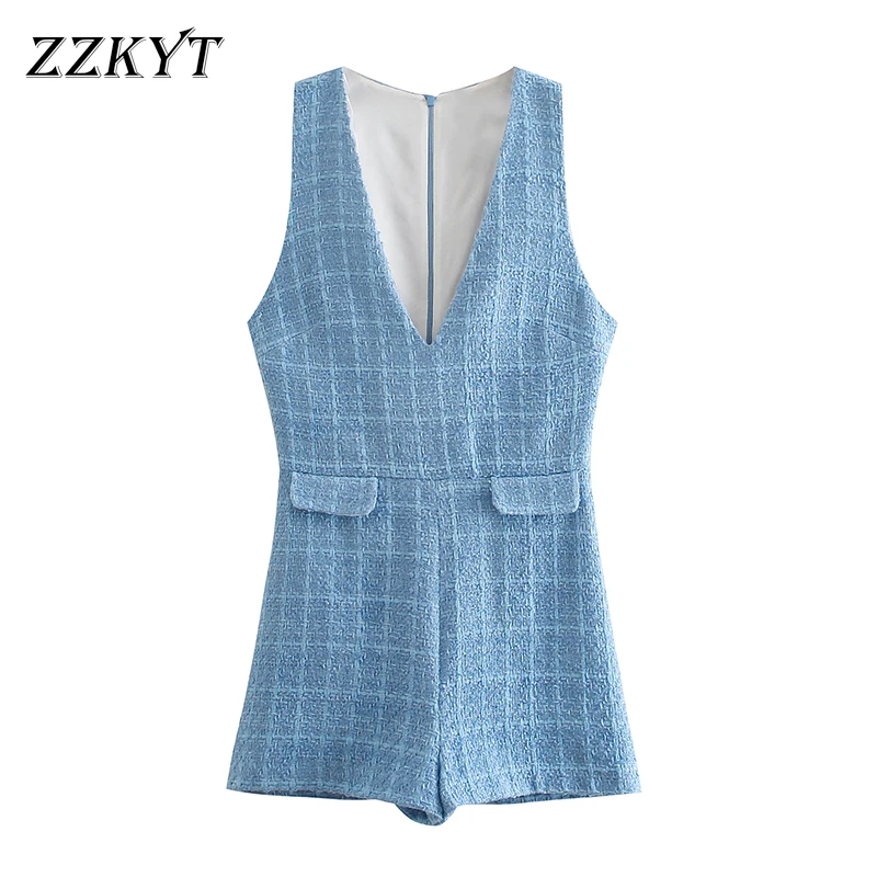 

ZZKYT 2021 New Women Fashion Chic False Pockets Tweed Playsuits Vintage Sleeveless Back Zipper Female Short Jumpsuits Mujer
