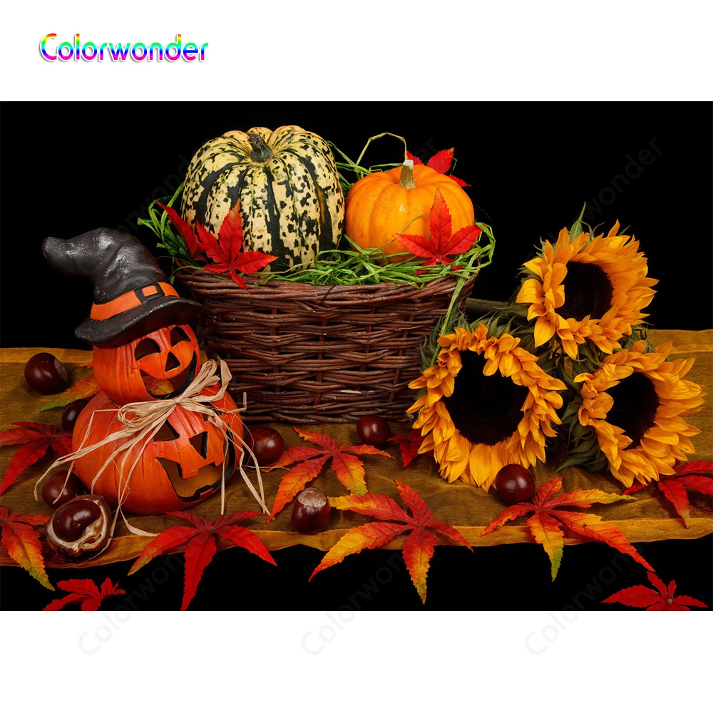 Вечерние фоны серии Хэллоуин Оранжевые тыквы с черной шляпой подсолнухи черный