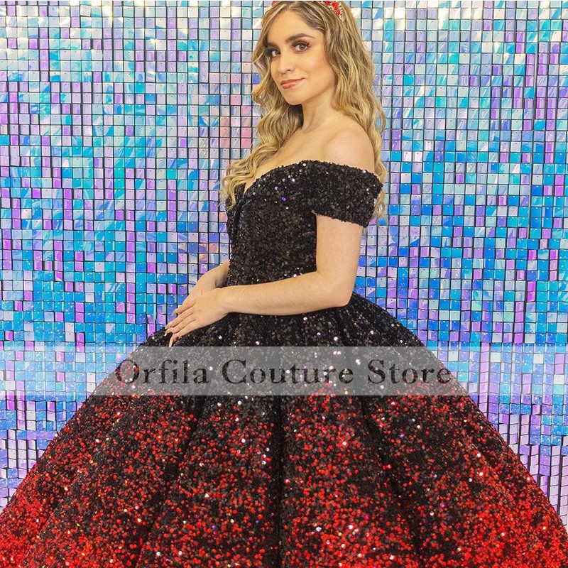 

Bling Sequin Black Red Sweet 16 Quinceanera Dresses Off Shoulder Vestidos De 15 Anos Masquerade xv Party Dress