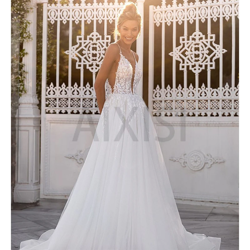 Fashion Wedding Dress Appliques Tulle Vestidos De Novia Luxury Bridal Gowns O Neck Full Sleeve A-Line Formal Robe De Mariee tea length wedding dress