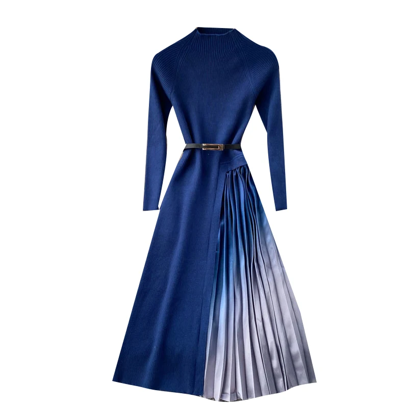 

Kntting Cotton Pleated Patchwork Women Dresses Turtleneck Long-Sleeved Slim Lady Elegant Clothing Top Quality