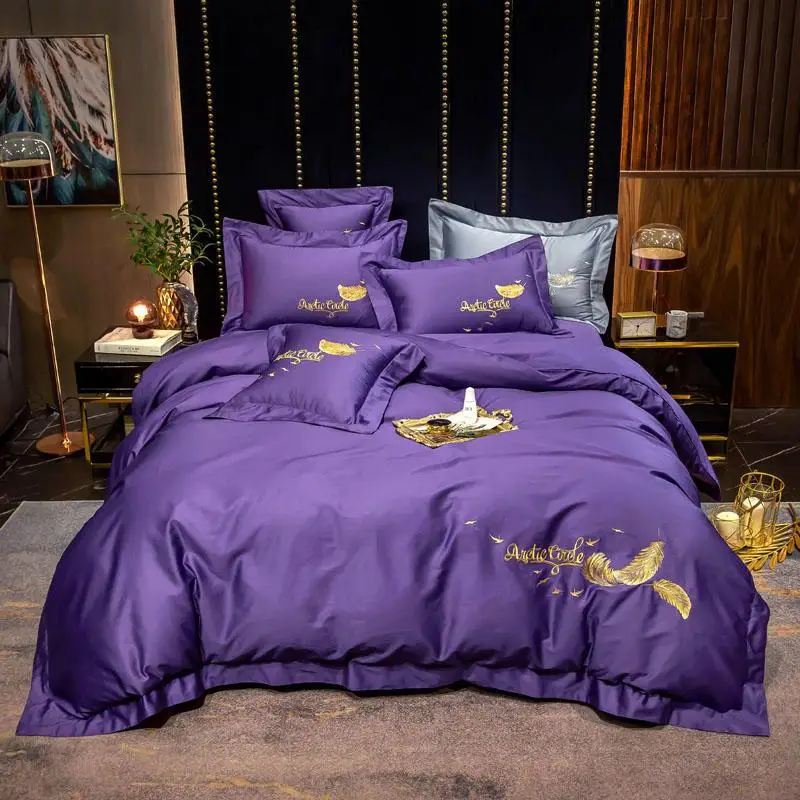 Egyptian Cotton Purple Bedding set Queen King size 4PCS Premium Embroidery Duvet cover Flat Bed Sheet Pillow shams |