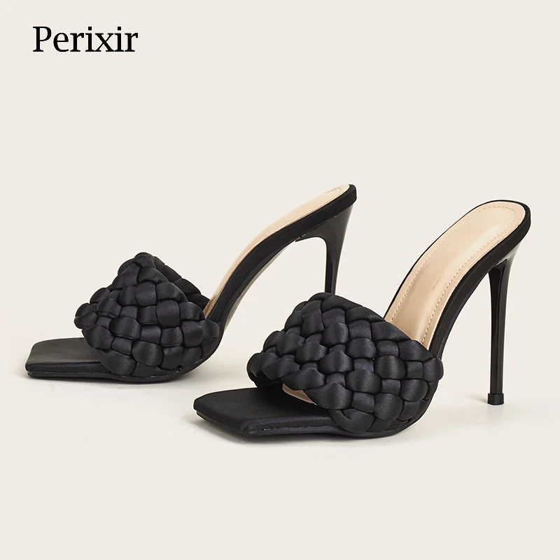

Perixir Design Women Slide Satin Braid Bv Style Open Square Toe Stiletto Heel Handmade Footwear 2021 Summer Mules Lady Shoes
