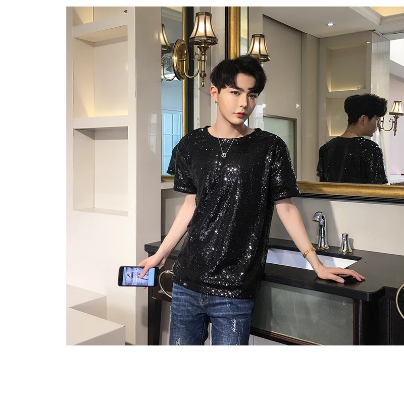 Футболка мужская с блестками модная шикарная тенниска в сценическом стиле