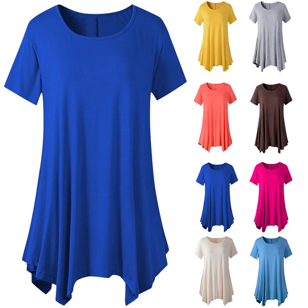 2020 женские длинные свободные футболки повседневные круглый вырез короткий рукав