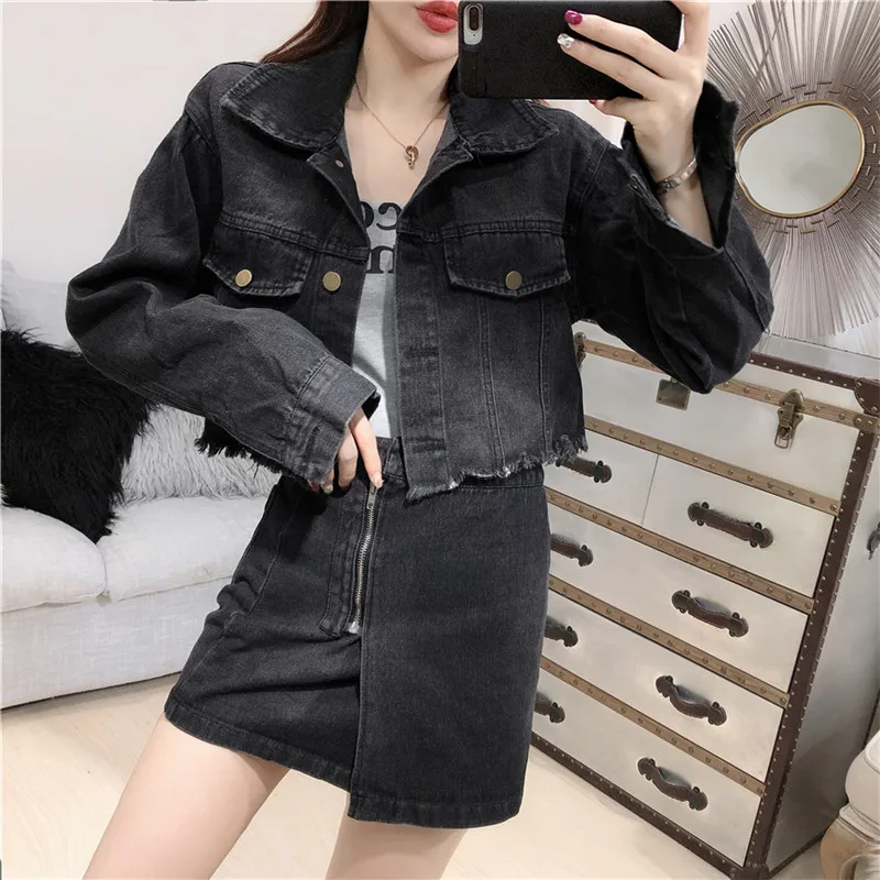 Осенний костюм с юбкой корейские женские комплекты модная короткая джинсовая