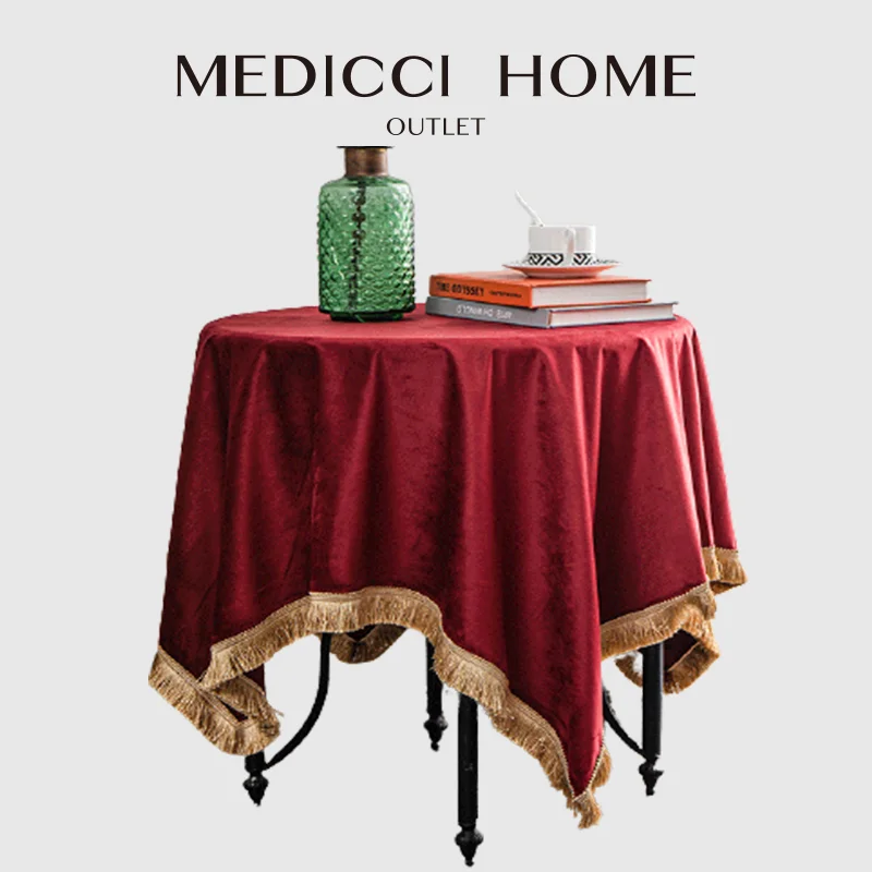 

Medicci Home Wine Red Velvet Tablecloth All Size Table Runners Lux Wedding Decoration Dining Banquet Party Table Cloth Fringed