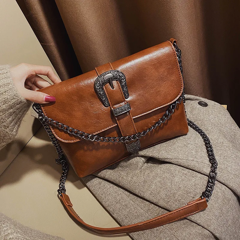 Vintage Messenger Bags Women Leather Chain Cross Body Brand Bag for Female Shoulder with Strap Buckle Brown Black | Багаж и сумки