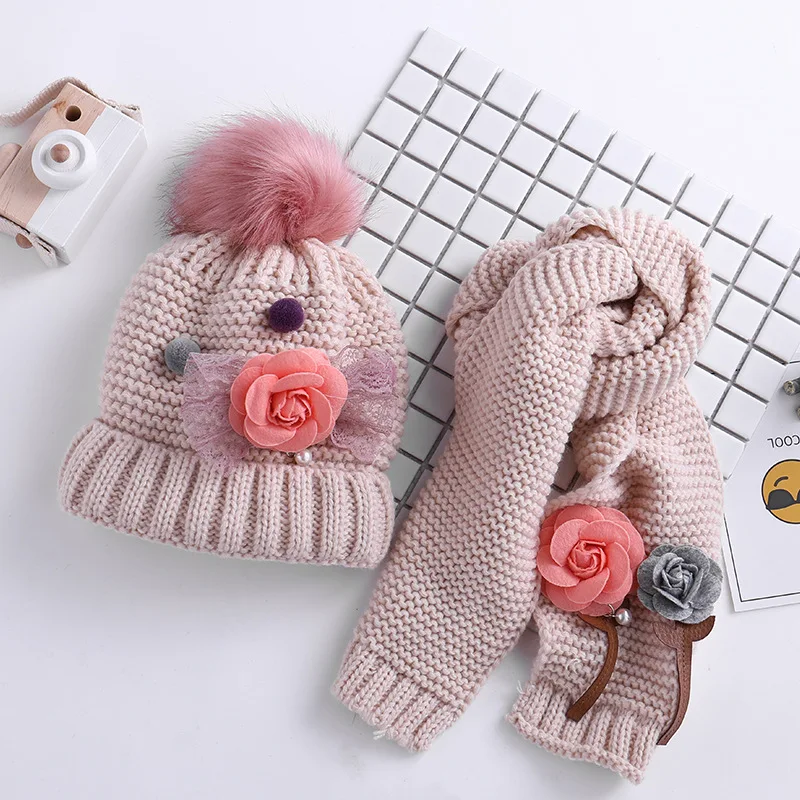 Winter Knitted 3-8 Years Fur ball beanies sets velvet wool kids Girls Knit fur hats winter 2 pcs baby girl scarf hat set HT19046 | Детская