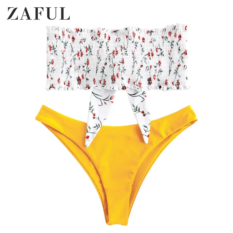 Bright Yellow ZAFUL Бикини Растрепанный Растительный Принт Bandeau Bikini Set Женщины Без Бретелек Купальник Без Проводов Эластичный Купальник С Низкой Талией Без Подкладки - Цвет: Bright Yellow