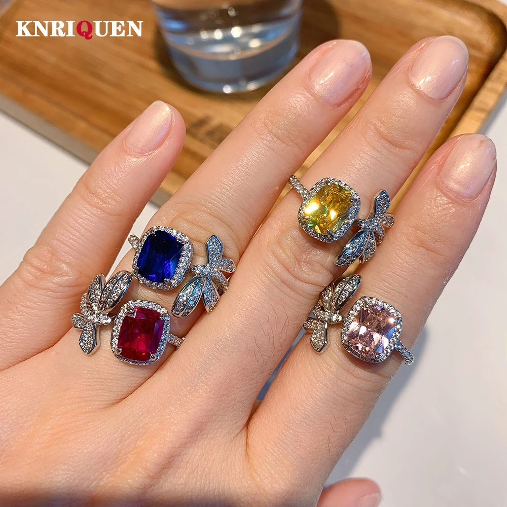 

Luxury 7*9mm Ruby Topaz Pink Quartz Sapphire Bowknot Women's Ring 925 Silver Lab Diamond Party Wedding Bands Fine Jewelry Gifts