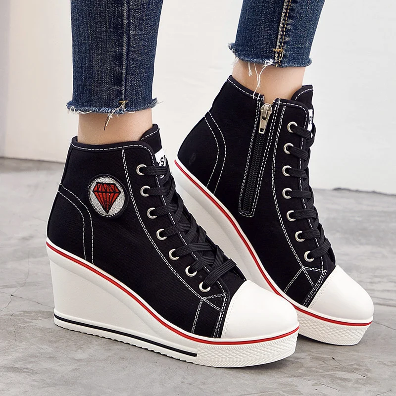 

2021 New Slope Heel Casual Shoes Canvas Shoes Side Zipper High Heel Lace Up High Top Shoes Women's 8 Cm Women's Shoes