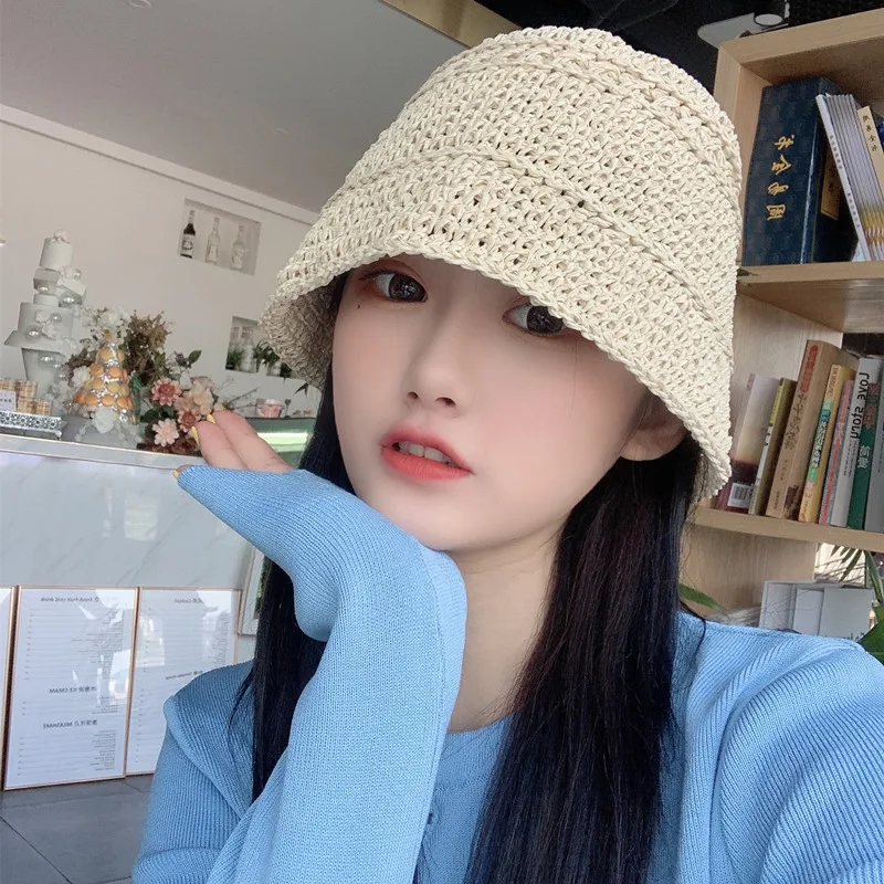 

Japanese Wild Spring and Summer Female Papyrus Woven Bucket Hat Bell Basin Hat Fashion Korean Fisherman Hat