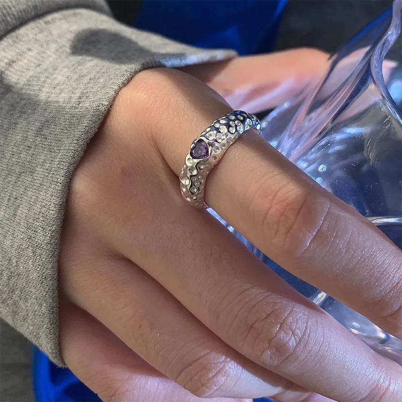 

NEW Fashion Geometric Heart Purple Crystal Rhinestone Zircon Irregular Metal Texture Opening Adjustable Ring For Women Jewelry