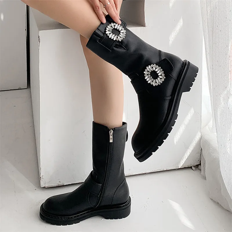 

New Fall Winter Rhinestone Glitter Ankle Boots Cowhide Round Toe Flat Zip Women Shoes Fashion Heel Motorcycle Botines Mujer