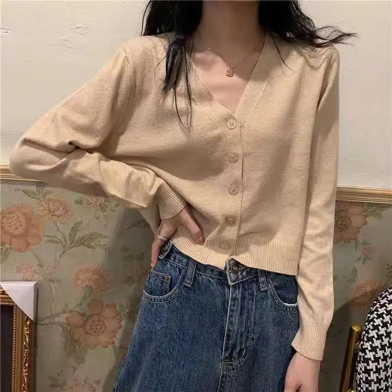 

Female Spring And Autumn New Knitted Cardigan 2021 Women's Korean Short V-neck With Long Sleeve Thin Sweater Coat Sweater Mujer