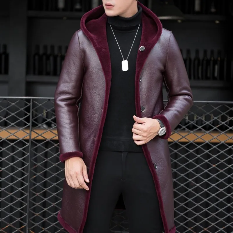 

Luxury Shearling Men Overcoat Business Casual Slim Real Fur Sheep Shearing Hooded Long Coat Brand Winter Blazer Coat Plus Size