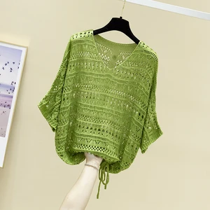 Новинка весна-лето 2020 просторная футболка с вырезом сетчатая рубашка с рукавом летучая мышь тонкий топ с V-образным вырезом и кулиской в западном стиле