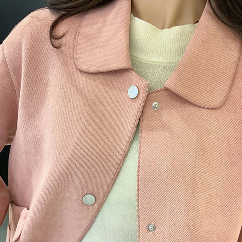 

Faux Suede Leather Cropped Jacket Women Spring Korean Fashion Long Sleeve Short Coat Solid Basic Simple Lapel Outerwear Unlined