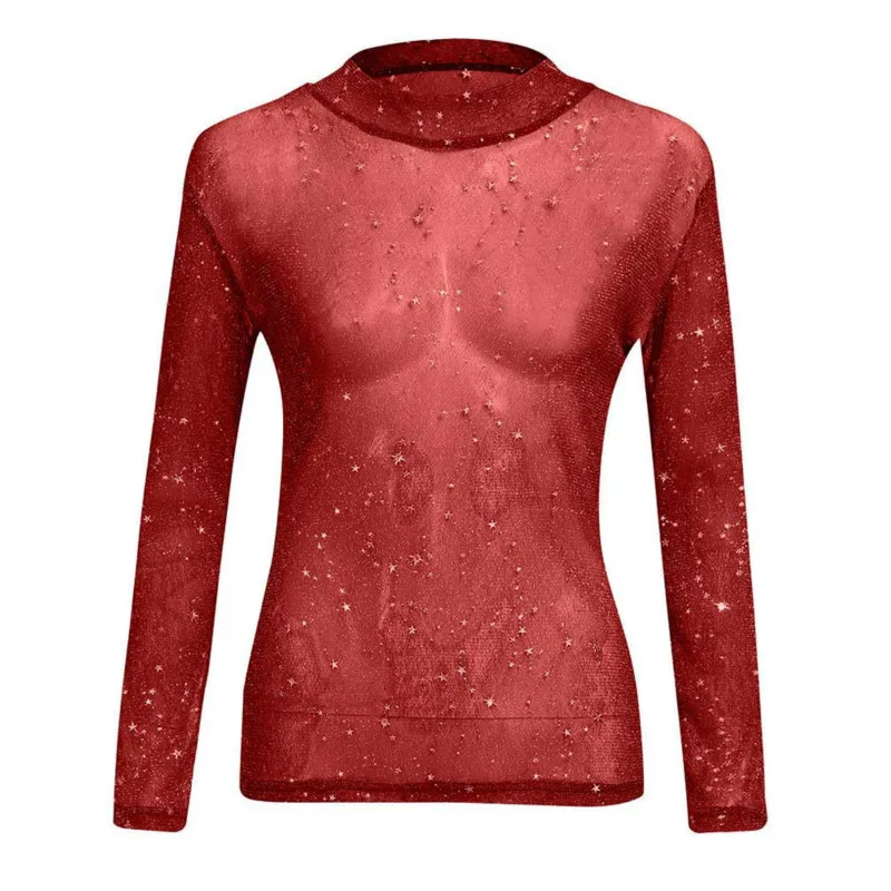 Женские модные футболки блестящие сетчатые вечерние с блестками и длинным