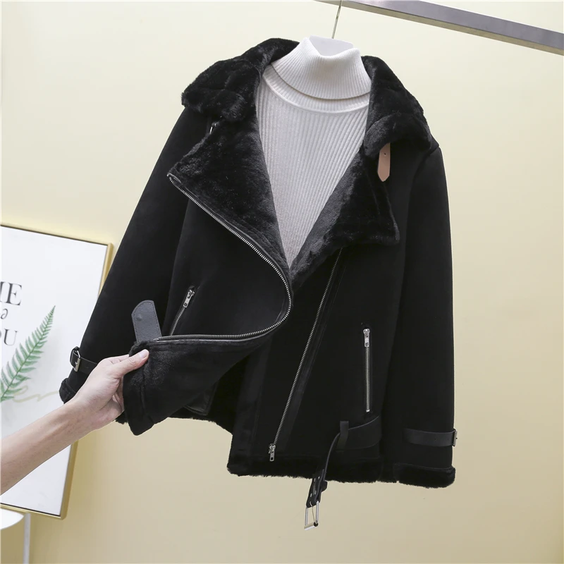 

Womens Casual Suede Faux Rabbit Fur Coat Ladies Zipper Outwear Jacket Street Style Stylish Warm Overcoat Autumn Winter