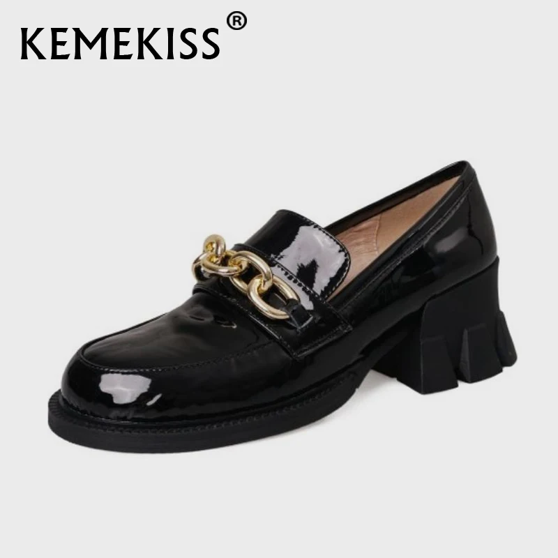 

KemeKiss/2021 высокого качества из натуральной кожи; Женские туфли-лодочки, круглый носок На высоких толстых каблуках и металлической цепочкой од...
