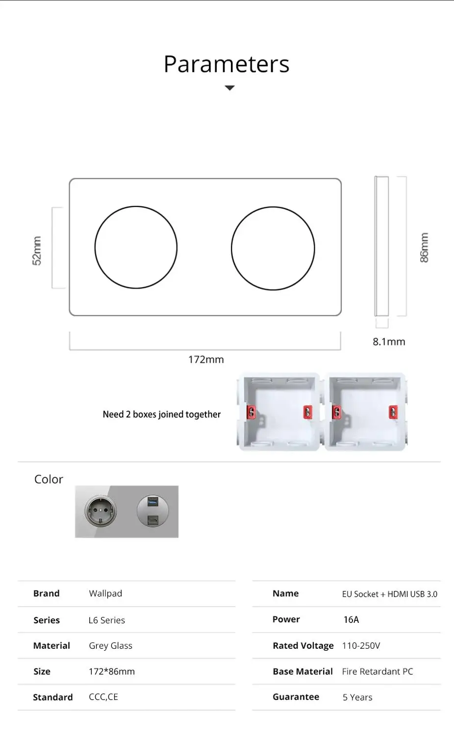 Wallpad ЕС розетка с HDMI USB 3 0 подключение передачи данных Серый Кристалл Закаленное