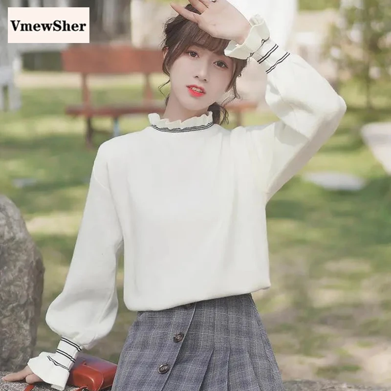 

Свитер женский осенне-весенний, с длинными рукавами, круглым вырезом и оборками