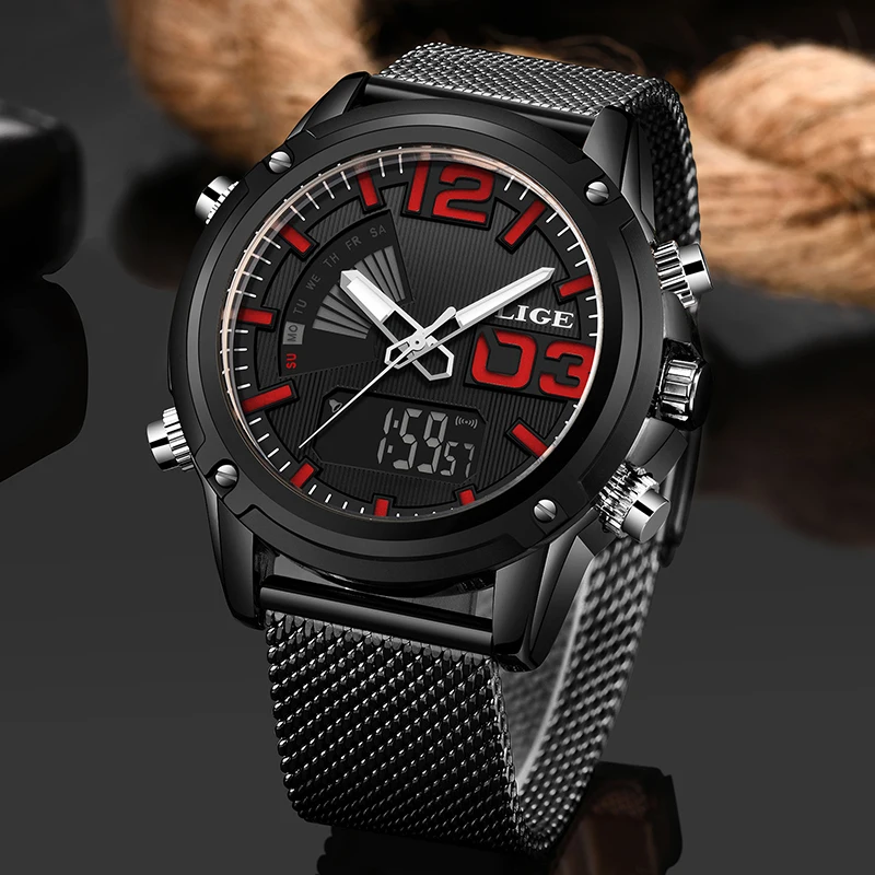 LIGE мужские s часы Топ люксовый бренд спортивные кварцевые светодиодный цифровые