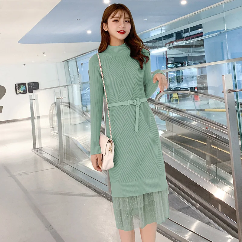 2019 женское элегантное осенне-зимнее платье-свитер однотонное платье с длинными