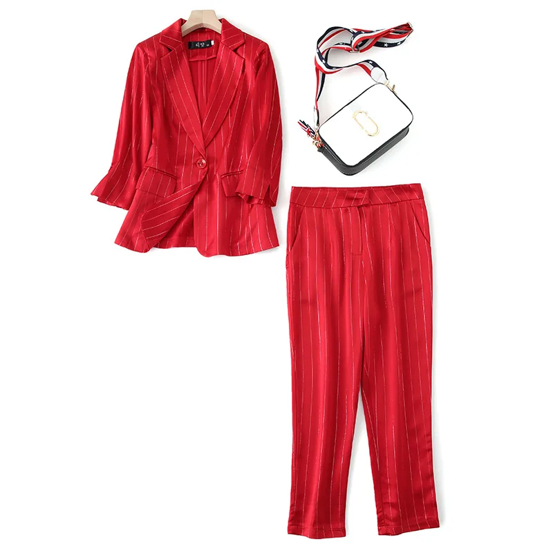 woman 2 piece sets 2020 spring summer office ladies work golden striped blazers coats + slim pencil pants suit sets S-3XL JC342