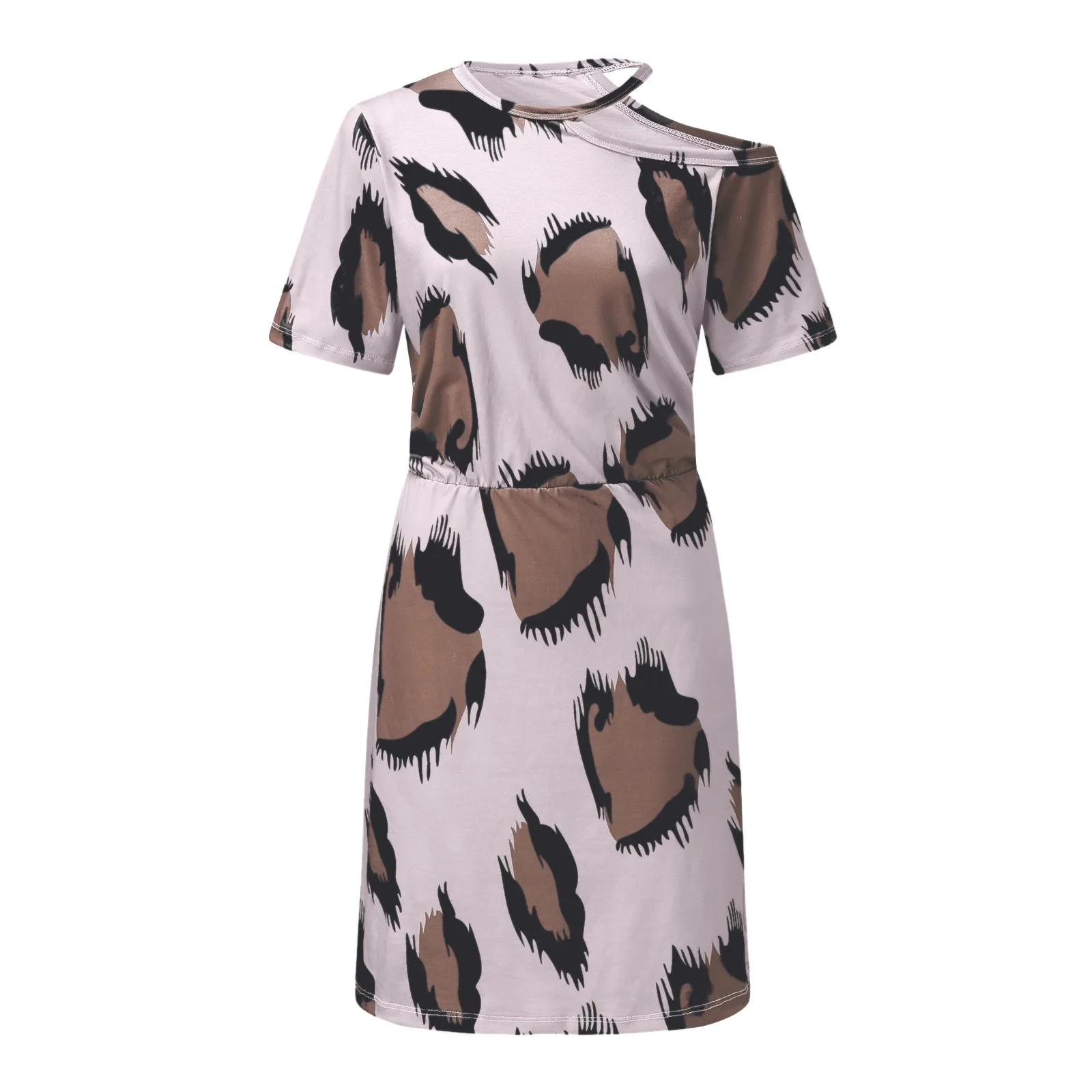 

Women Summer Dress Leopard Printed O-neck Cold Shoulder Short Sleeve Dress Mini Loose Beach Dress Vestidos Sundress Robe Femme