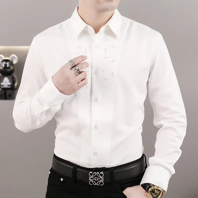 

2021 spring light luxury casual shirt embroidery hot drilling light business bottoming shirt slim versatile Long Sleeve Shirt