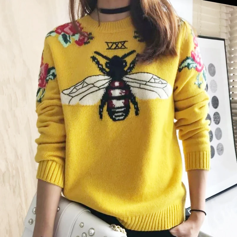 

2021 Winter Runway Women Sweater Autumn Floral Embroidery Bee Animal Long Sleeve Yellow Sweater Pullover Casual Jumper Tops