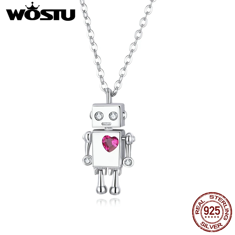 

WOSTU 100% Real 925 Sterling Silver Love Robot Necklace Pink Zircon Long Chain Link For Women Wedding Party Jewelry Gift CQN388