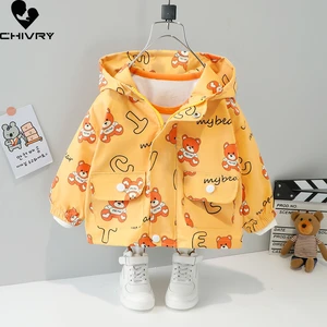 New 2021 Autumn Baby Boys Girls Coat Kids Windbreaker Outerwear Fashion Hooded Cute Cartoon Bear Print Zipper Jackets Clothing