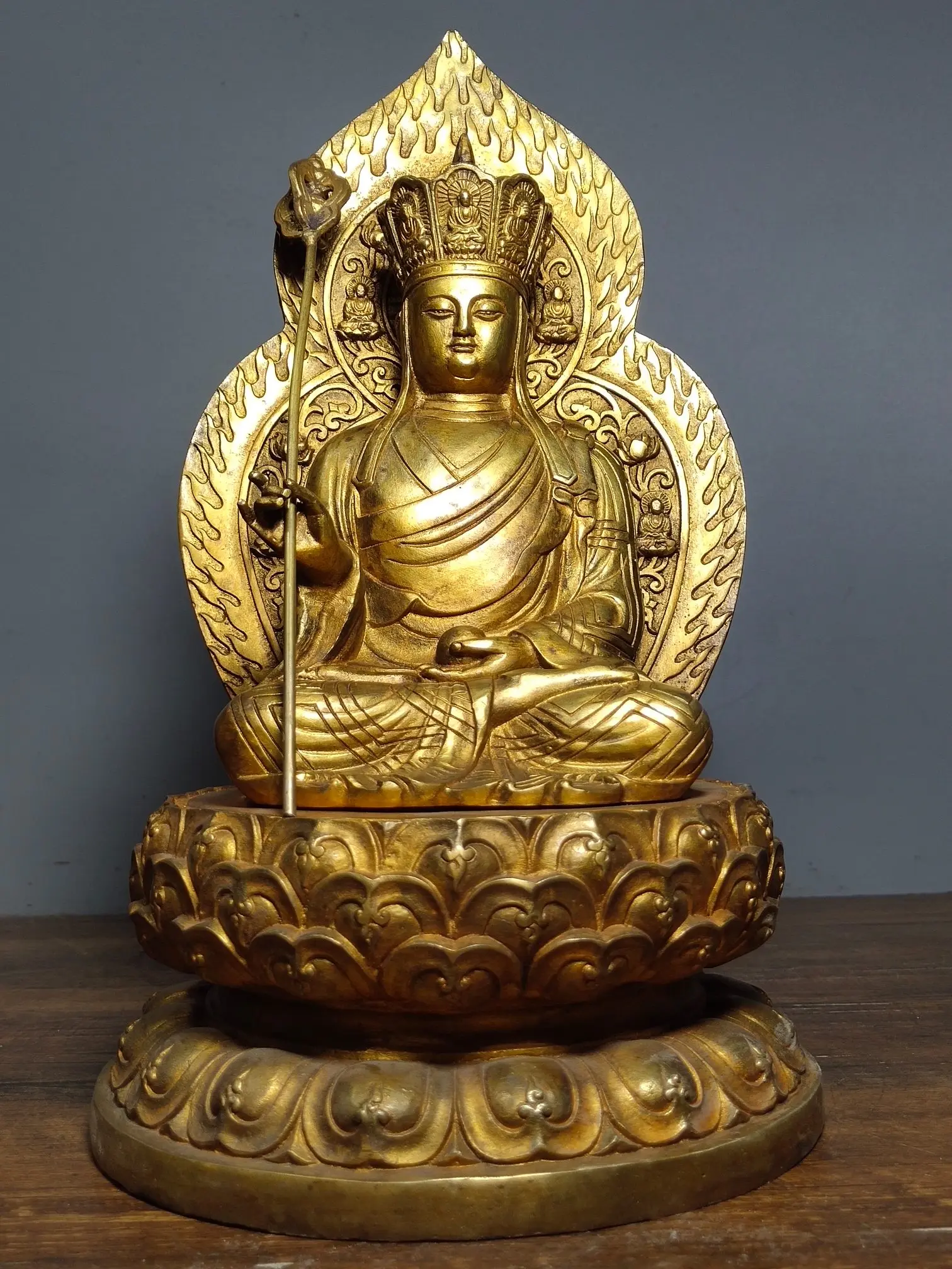 

Домашний декор, 11 дюймов, тибетская буддистская старинная бронзовая позолоченная статуя кситигарбхи, статуя Будды, неописуемые заслуги ами...