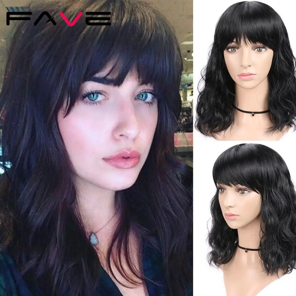Парик FAVE Bob из натуральных волос волнистые волосы с челкой Смешанные черные и