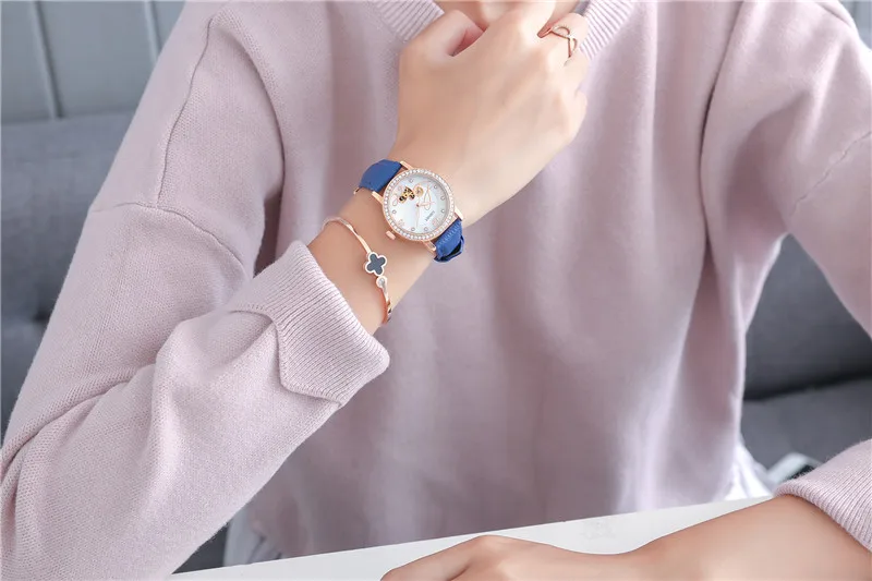 Relogio feminino, OUBAOER, автоматические механические часы для женщин, модные, стразы, полый дизайн, часы с кожаным ремешком, водонепроницаемые часы