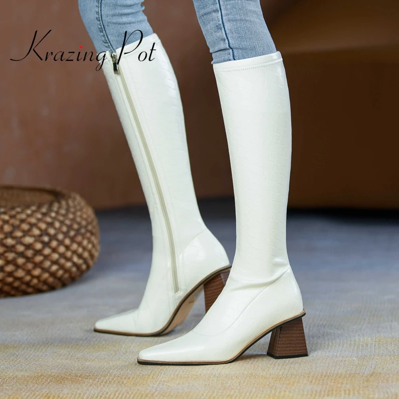 

krazing pot French elegant retro fashion small square toe high heels winter keep warm beauty lady casual thigh high boots L17