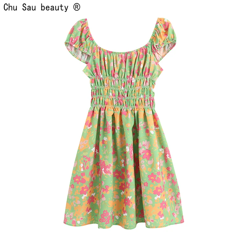 

2022 Spring French Vintage Cottagecore Pastoral Style Square Collar Elastic Waist Slim-Fit Floral Print Dress For Women Vestido